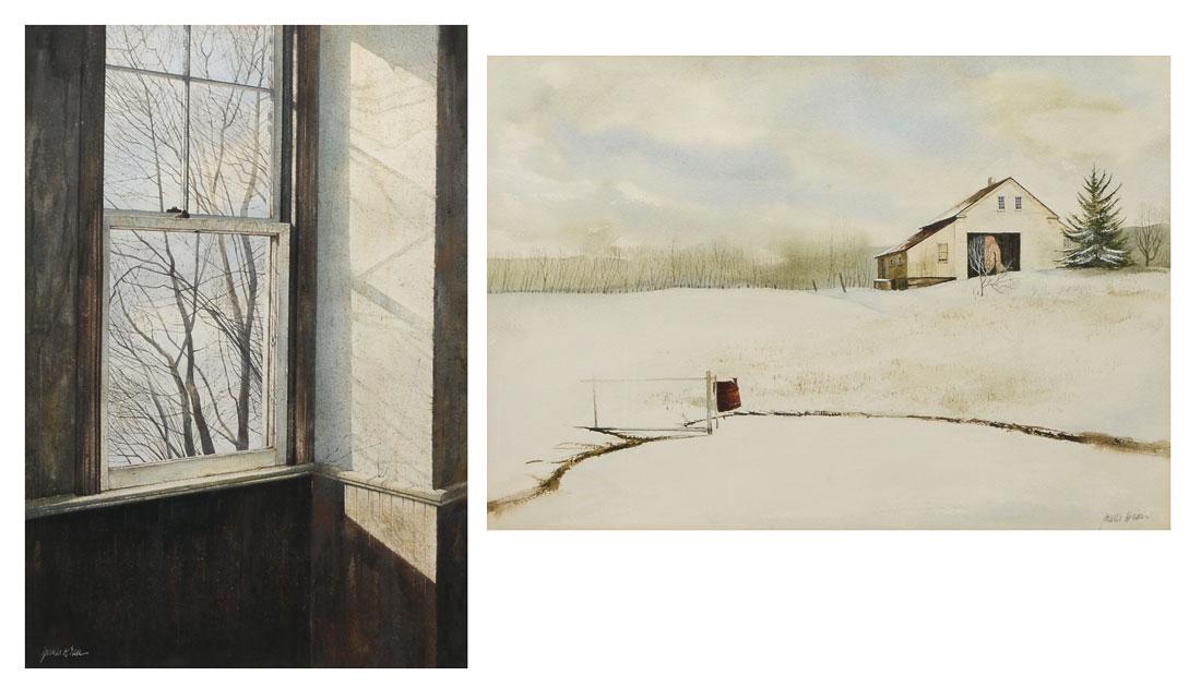 TWO JAMES DEAN WATERCOLOR PAINTINGS: DEAN, James, (American, 20th Century): 1) "December Day", Watercolor, sight size is 13.50" x 19.50", signed lower right and titled verso, framed 20.25" x 26", Foster Harmon Galleries receipt affixed v