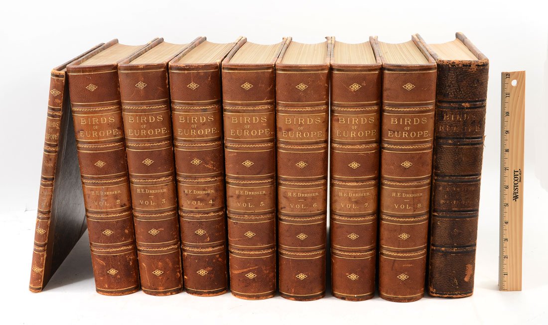 H. E. DRESSER 9 VOL HISTORY OF THE BIRDS OF EUROPE: DRESSER, Henry Eeles, (English, 1838-1915): 9 volumes including index and supplement, full title "A History of the Birds of Europe, Including All the Species Inhabiting the Western Paleartic Regions",