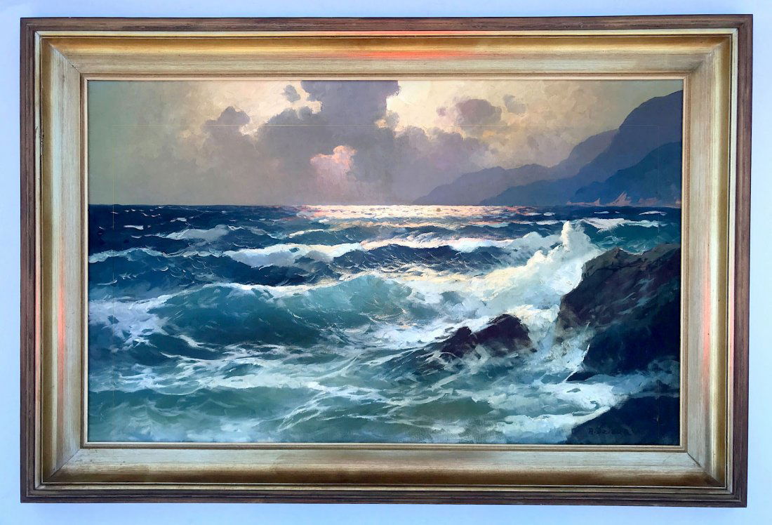 LARGE ALEXANDER DZIGURSKI COASTAL PAINTING: DZIGURSKI, Alexander (American, 1911-1995): Coastal Sunset, Oil/Canvas, 26" x 42", signed lower right, framed, 33" x 50", Newman Galleries label verso.