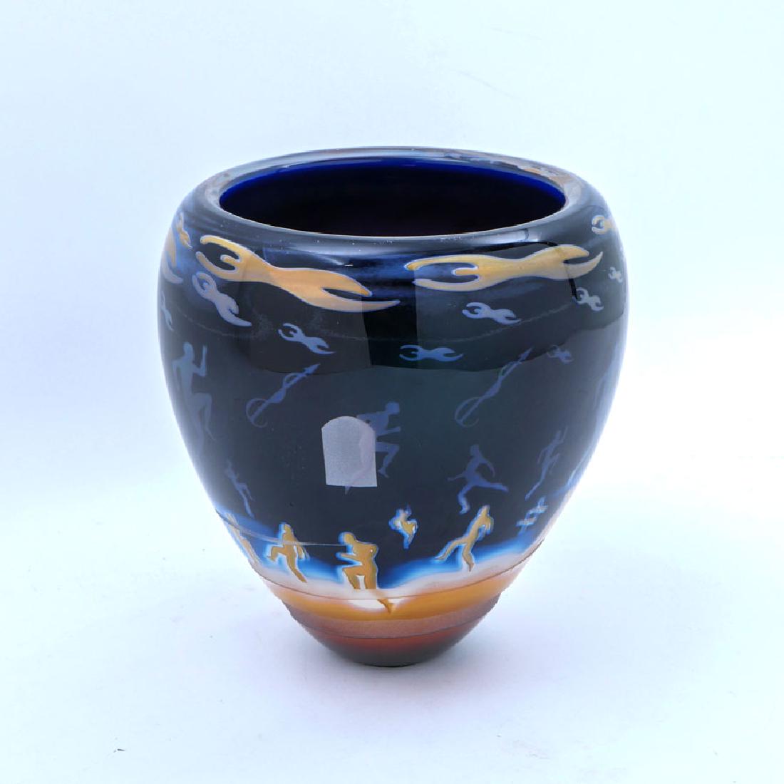 DUNCAN MCCLELLAN MAN AND WINDOW ART GLASS VASE: DUNCAN MCCLELLAN MAN AND WINDOW ART GLASS VASE: Dark blue ground graduating to light blue, yellow and oranges. Stylized figures of men including running man and stretched man, geometric designs, etche