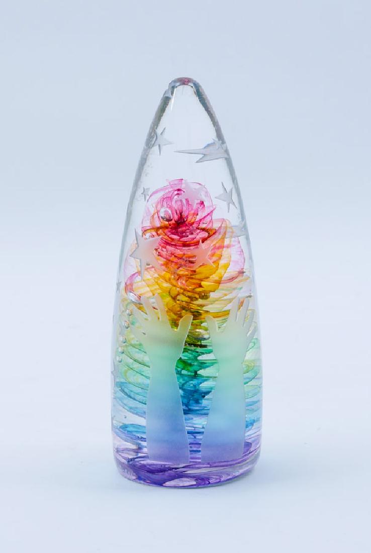 DUNCAN MCCLELLAN REACH FOR THE STARS PAPERWEIGHT: DUNCAN MCCLELLAN REACH FOR THE STARS PAPERWEIGHT: With multi hued internal swirls, etched glass hands and arms with stars, signed McClellan at base, 7 1/2'' h.