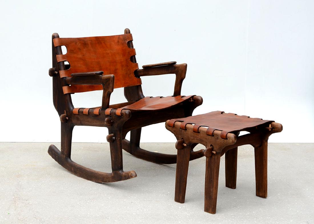 ANGEL PAZMINO ECUADORAN ROCKING CHAIR AND STOOL: ANGEL PAZMINO ECUADORAN ROCKING CHAIR AND STOOL: 2 pieces from designer Angel Pazmino to include wood frame rocking chair, through tenon construction, leather back and seat, 32 1/2'' h. x 24 1/2'' x 3