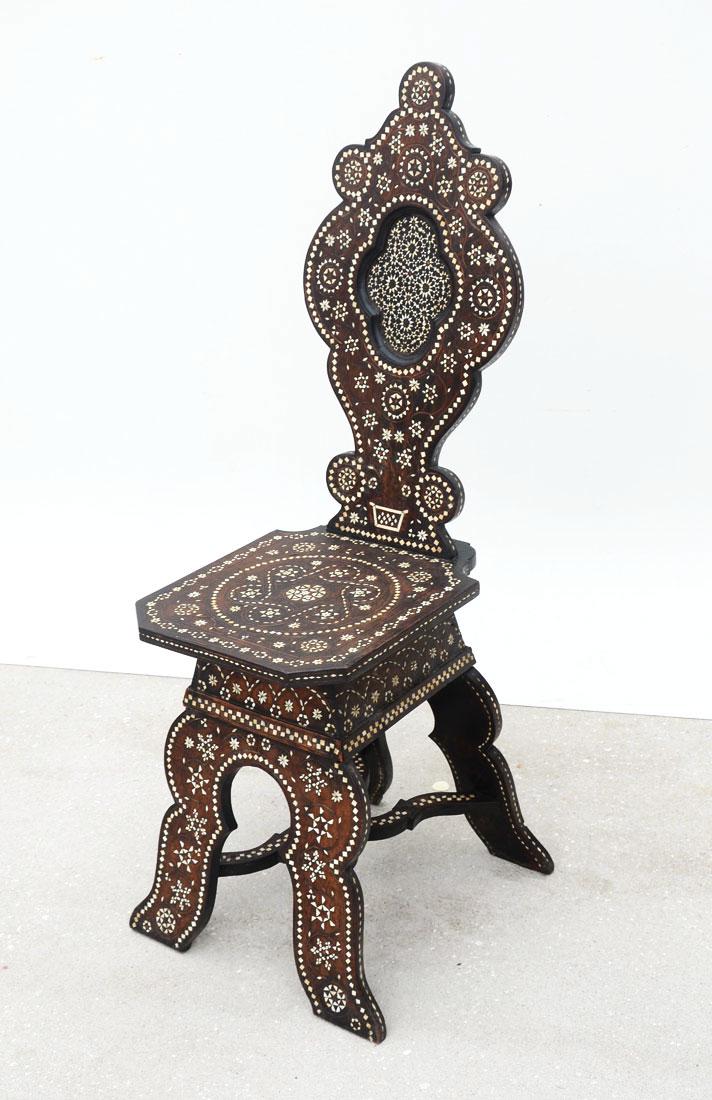 MORRISH STYLE INLAID SIDE CHAIR: MORRISH STYLE INLAID SIDE CHAIR: Carved and shaped back with quatrefoil center medallion, seat with canted corners, shaped legs and stretchers. Bone and fruited inlay in Islamic / Persian designs. Ove
