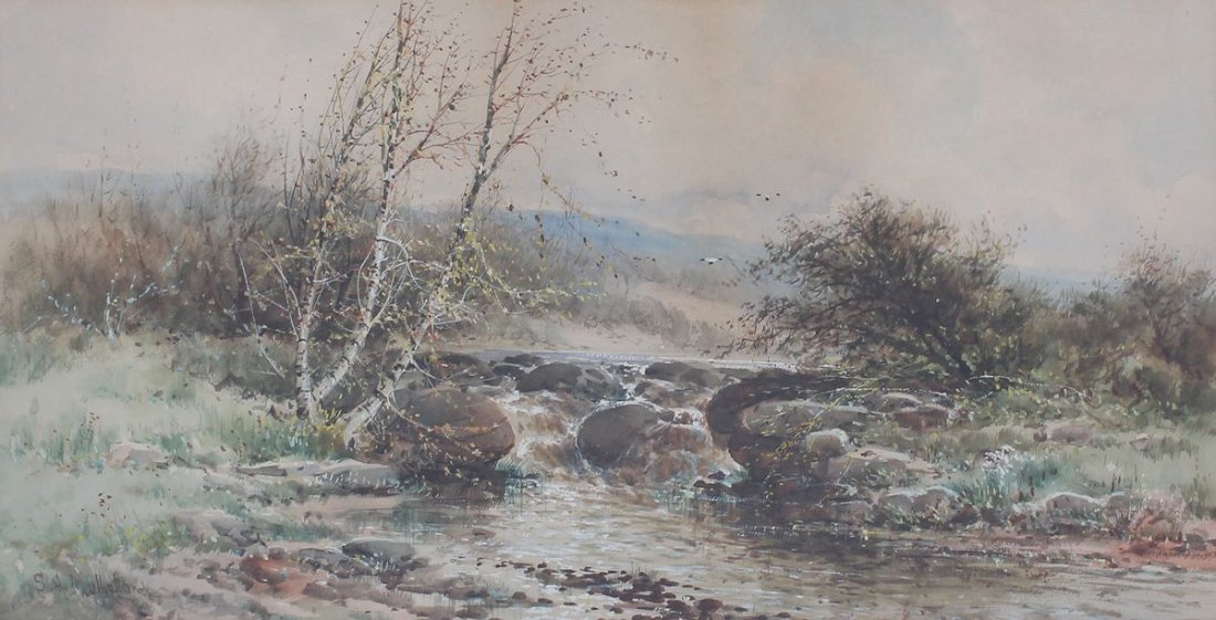 S.A. MULHOLLAND LANDSCAPE PAINTING: MULHOLLAND, Saint Clair Augustin, (American, 1839-1910): Fall Landscape with Birches by a Bubbling Stream, Watercolor, sight size 11.5" x 23.5", signed lower left, framed, 21.5" x 32.5".