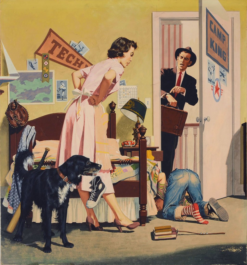 EXCEPTIONAL MIDCENTURY AMERICAN ILLUSTRATION: EXCEPTIONAL MIDCENTURY AMERICAN ILLUSTRATION: Scene Depicts Father Running Late for Work While Son Looks for Sneaker Which is in the Dog's Mouth, Gouache, sight size is 17.25" x 16.25", no visible sig