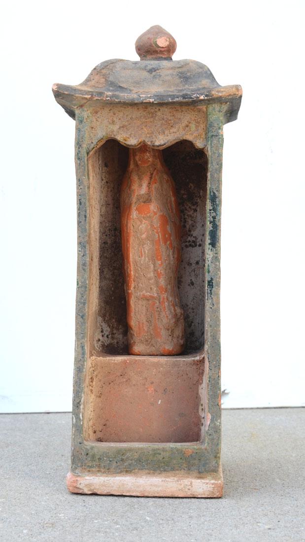 CHINESE TERRACOTTA TOMB EFFIGY AND ALTAR: CHINESE TERRACOTTA TOMB EFFIGY AND ALTAR: 2 pieces total to include 1) Paint decorated altar with incised lined panels, 15'' h. x 5 3/4'' x 5 1/2''. 2) Figure of a priest or scholar, 7 3/4'' h. Actual