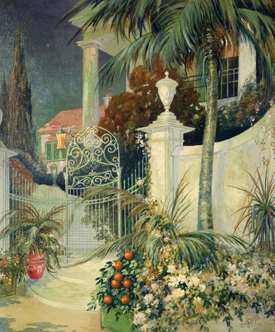 THEODORE NIELS LINDBERG MOONLIT COURTYARD PAINTING: LINDBERG, Niels, (Danish, 1886-1974): "California Courtyard Nocturnal Scene", Oil/Canvasboard, sight size is 20.50 x 25.50", signed lower right and dated 1937, encased in a fine and unusual carved and