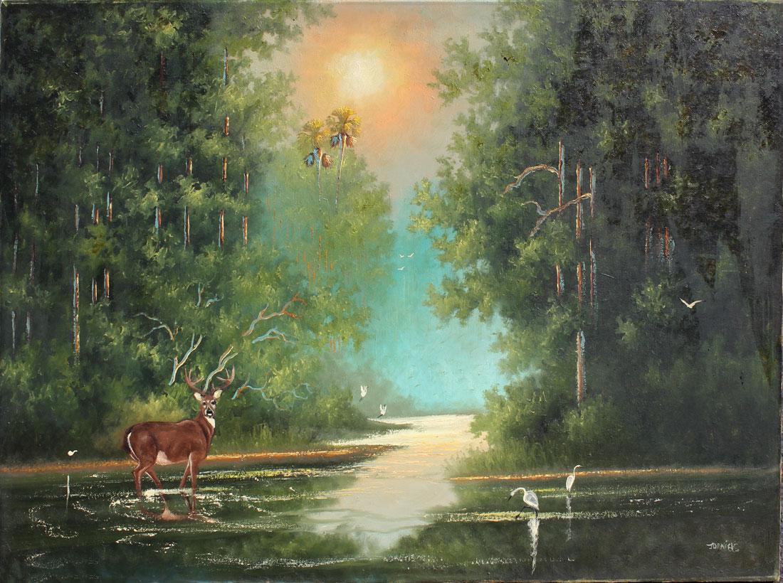 JOHNNY DANIELS FLORIDA HIGHWAYMEN PAINTING W/DEER: DANIELS, Johnny, (American, 1954-2009): Florida Highwaymen St. Lucie River scene with deer and birds, Oil/Canvas, signed lower right, 30'' x 40'', framed 37 1/2'' x 47 1/2''.