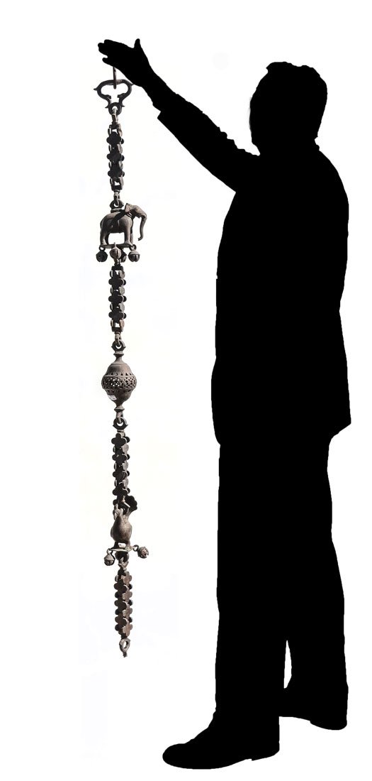 CAST BRASS TEMPLE FIGURAL GHANTAS CHAIN: CAST BRASS TEMPLE FIGURAL GHANTAS CHAIN: Old Middle Eastern cast brass temple/ceremonial chain with an Elephant and Peacock. Elephant and Peacock have bells attached at bottom of each. Approx. 53'' H 