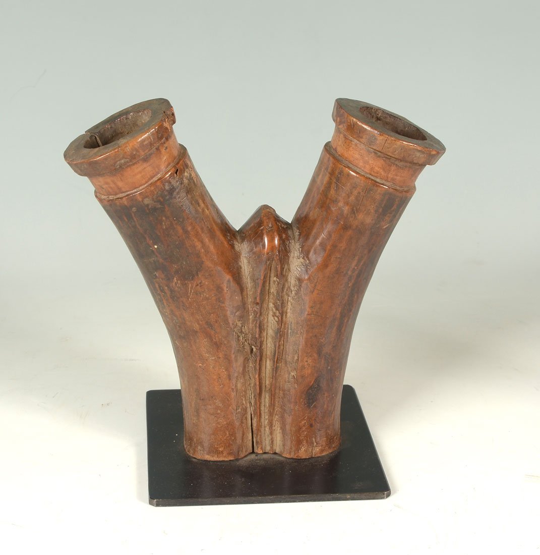 WEST AFRICAN BAMANA CARVED BELLOWS: WEST AFRICAN BAMANA CARVED BELLOWS: Double branch carved wood bellows affixed to metal base, Bamana/Bambara culture, Mali/Burkina Faso, 8.5" h. x 8.5" x 5.5".
