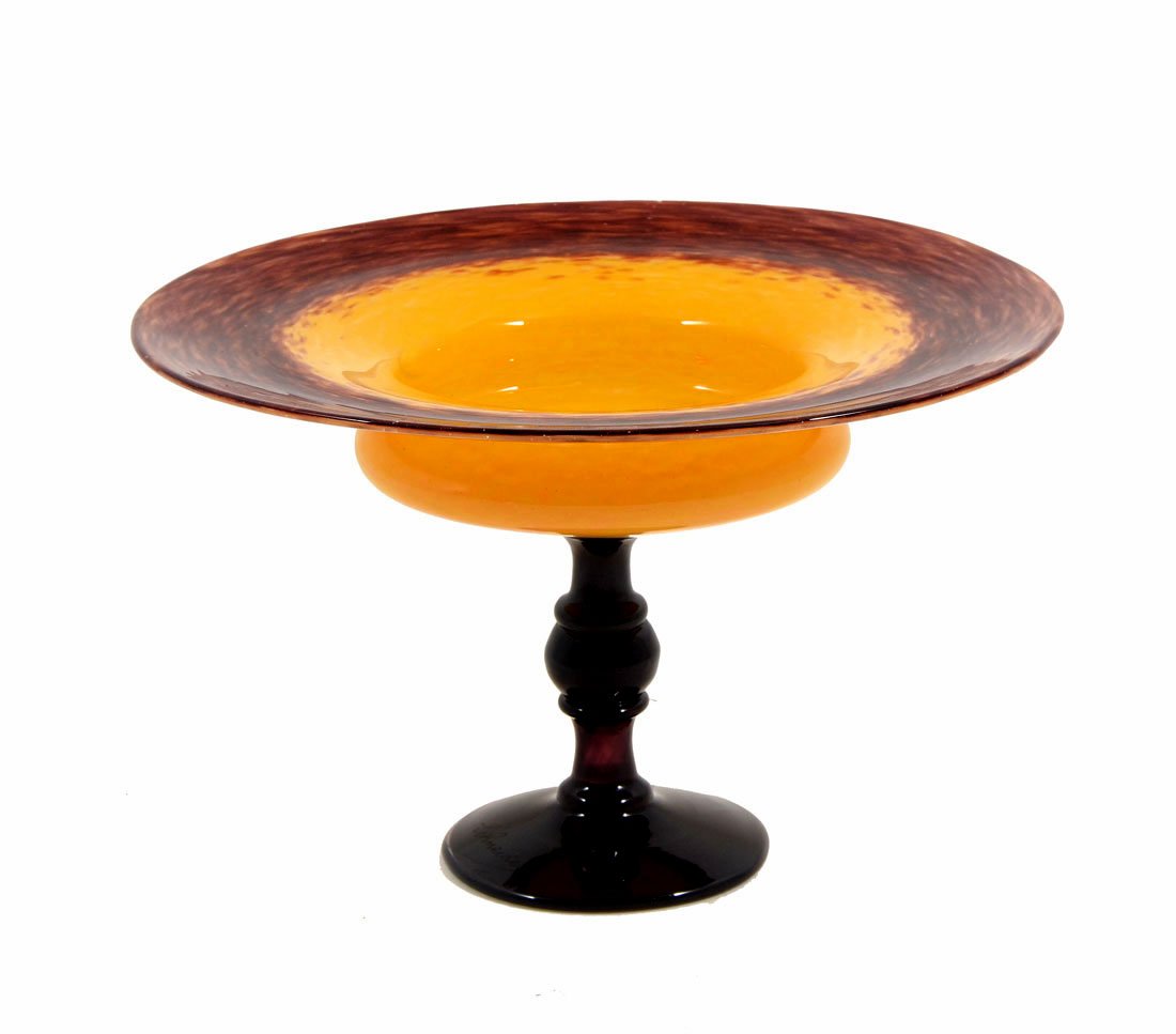 CHARLES SCHNEIDER FRENCH ART DECO COUPE BIJOUT TAZZA: CHARLES SCHNEIDER FRENCH ART DECO COUPE BIJOUT TAZZA: Charles Schneider (1881-1953) mouth blown art glass Tazza with a variegated Gold to Amethyst bowl. Top of attached Amethyst foot signed Schneider,