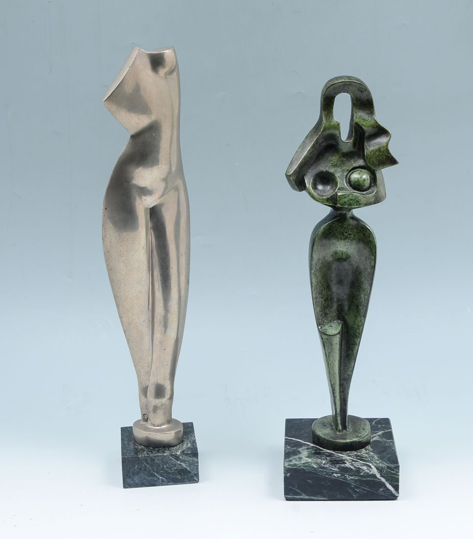 ALEXANDER ARCHIPENKO REPLICA ABSTRACT METAL SCULPTURES: 2 ALEXANDER ARCHIPENKO REPLICA ABSTRACT METAL SCULPTURES: Includes: 1) This semi-nude abstract Stainless-steel sculpture is attached to a Dark Green marble base. Approx. 15.75" h x 3.25" l x 2.5" w; 2