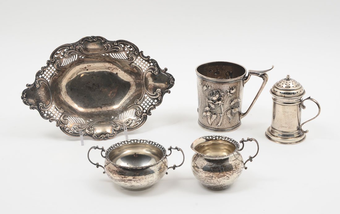 5 PIECE GORHAM SILVER LOT: 5 PIECE GORHAM SILVER LOT: Metropolitan Museum Reproduction "Marblehead" Sugar Shaker, Matching Pierced Sugar & Creamer, Reticulated Rococo Style Footed Dish, (13.985 troy oz total), and Heavy Coin Cu