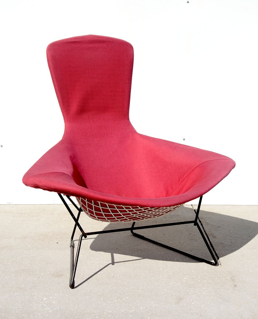 HARRY BERTOIA RED MID CENTURY LOUNGE CHAIR: HARRY BERTOIA MID CENTURY RED LOUNGE CHAIR: This red mid-century High Back lounge chair was designed in 1952 by Harry Bertoia for Knoll International. Approx. 38.5" h x 34.5" l x 39.5" w.
