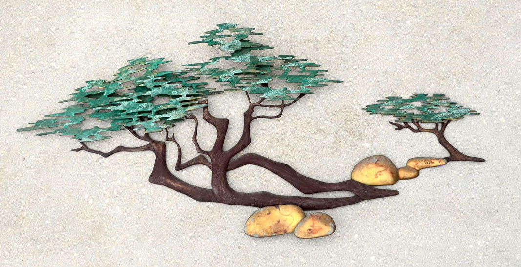 BIJAN BAHAR CALIFORNIA CYPRESS WALL SCULPTURE: BIJAN BAHAR CALIFORNIA CYPRESS WALL SCULPTURE: 20" x 43.5", signed, patinated brass.