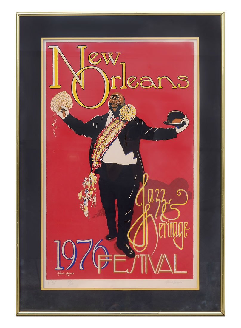 MARIA LAREDO 1976 NEW ORLEANS JAZZ FESTIVAL POSTER: NEW ORLEANS JAZZ FESTIVAL 1976 POSTER: First edition, sight size 34" x 21", pencil signed lower right Maria Laredo, numbered lower left 809/1000, framed, 41" x 28". Poster depicts Fats Houston, the gr