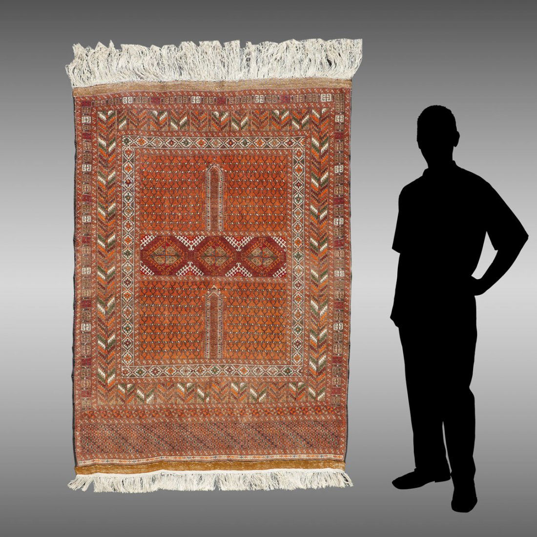TEKKE TURKOMAN HK WOOL RUG/DOOR COVER, 4'3'' X 5'10: TEKKE TURKOMAN HAND KNOTTED WOOL RUG/DOOR COVER, 4'3'' X 5'10'': This rug combines mostly traditional patterns with an unusual color palette of browns, orange, white, and red. A repeating small patter