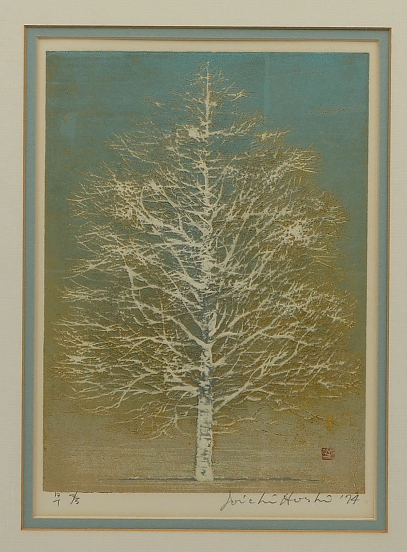 JOICHI HOSHI BLOCK PRINT OF TREE: HOSHI, Joichi, (Japanese, 1913-1979): Silver Tree, Block Print, sight size is 10.25'' x 7.50'', pencil signed lower right and dated '74, numbered 3 of 5 lower left, framed 19.75'' x 15.75''.