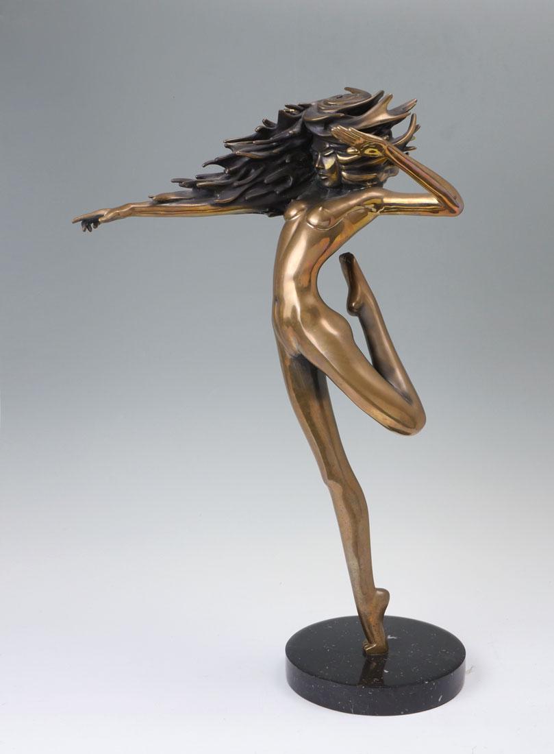 LARGE TOM BENNETT BRONZE "RAINDANCER": BENNETT, Tom, (American, 1928-): "Raindancer", Female Nude, Bronze, 27.5" h., signed, dated '83, numbered 9/150, affixed to marble plinth, 29.5" overall.