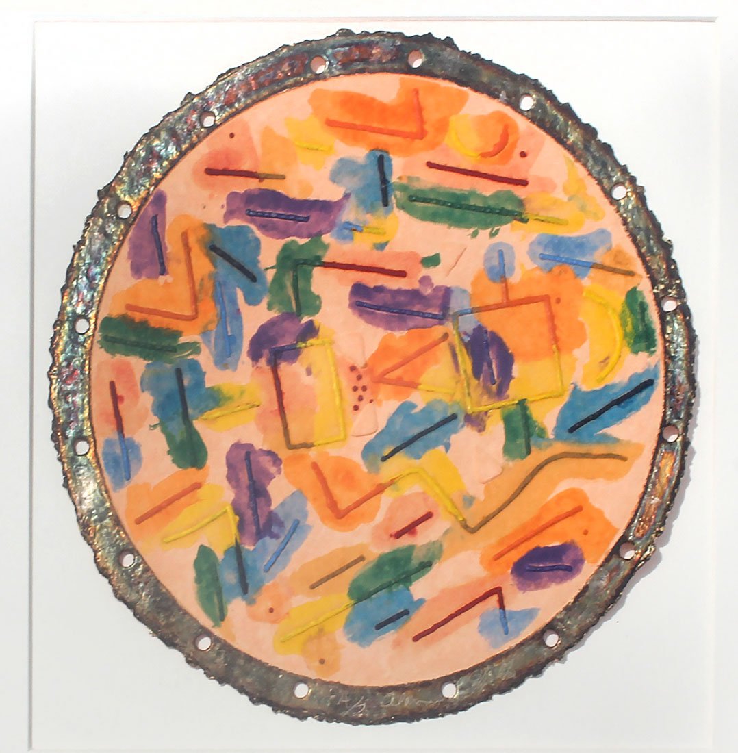ALAN SHIELDS MIXED MEDIA ARTWORK: SHIELDS, Alan (American, 1944-2005): Mixed Media Composition with Watercolor and Applied Decoration, 10" in diameter, framed 15.25" x 15.25".