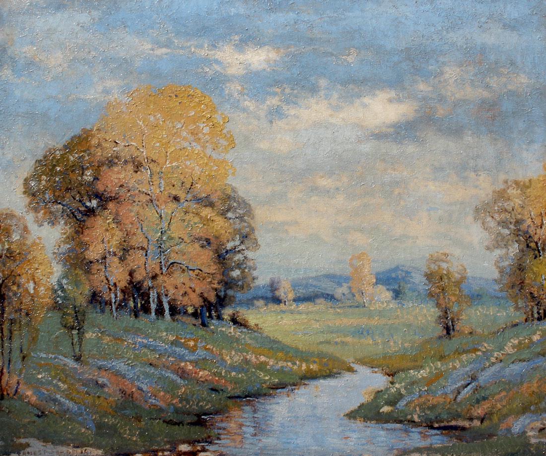 ERNERST FREDERICKS SUMMER LANDSCAPE PAINTING: FREDERICKS, Ernest, (American, 1877-1959): Summer Landscape with Stream, Oil/Canvas, 25" x 30", signed lower left, encased in a period carved and gilded impressionist frame that measures 31" x 35".