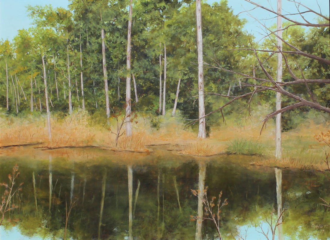 ALDEN HENRY WAITT "BIRCH SWAMP" PAINTING: WAITT, Alden Henry, (American, 1892-1981): "Birch Swamp" (Fort Gordon Georgia), Oil/Masonite, 18" x 24", signed lower right and dated 1977, signed, titled and dated verso, framed 28" x 34". Alden H. W