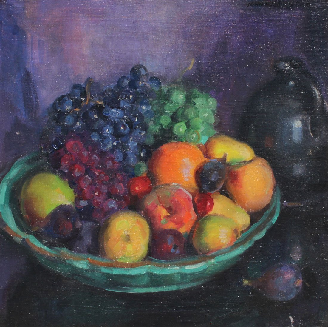JOHN HUBBARD RICH STILL LIFE PAINTING OF FRUIT: RICH, John Hubbard, (American, 1876-1954): Still Life Painting of Fruit, Oil/Canvas, 20" x 20", signed upper right and encased in period carved impressionist frame that measures 23.50" x 23.50".