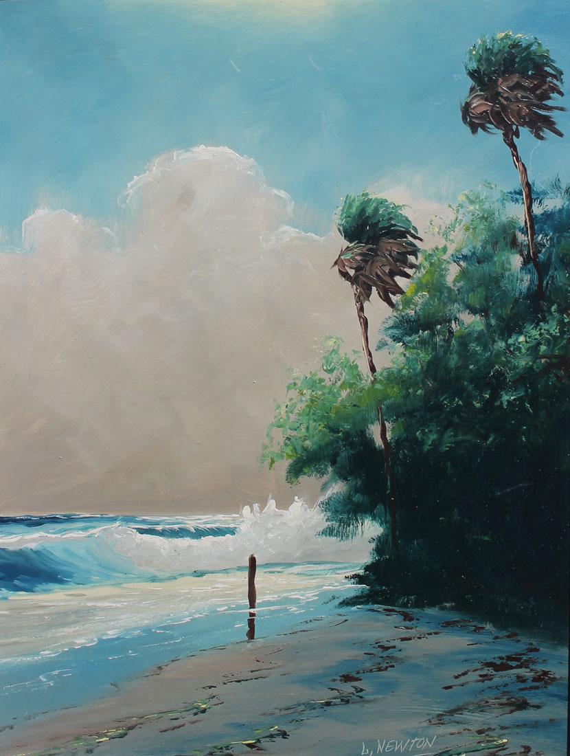 LEMUEL NEWTON FLORIDA HIGHWAYMEN COASTAL PAINTING: NEWTON, Lemuel (American, 1950-2014): Florida Highwaymen Coastal Scene with Surf Crashing, Oil/Masonite, 24" x 18", signed lower right, framed, 25.5" x 19.75".