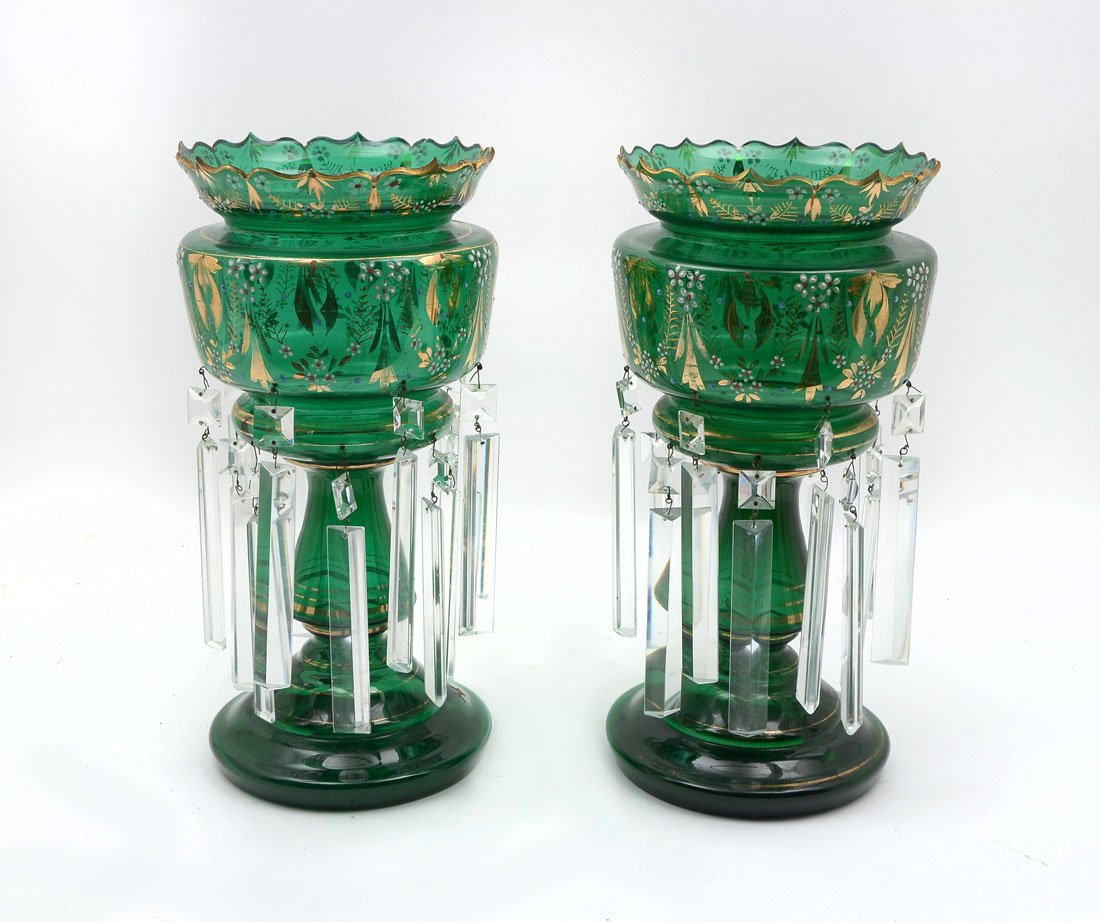 PAIR OF GREEN BOHEMIAN MANTLE LUSTERS: PAIR OF GREEN BOHEMIAN MANTLE LUSTERS: These green Bohemian mantle lusters have been hand painted with gold accenting and white enamel flowers. There are 14 Prisms attached to each. 14.25'' h x 7'' w.