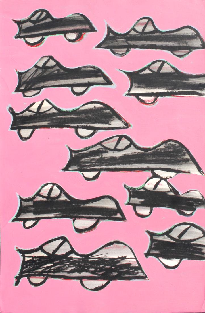 ILLEGIBLY SIGNED POP ART PAINTING ''THE RACE'': ILLEGIBLY SIGNED POP ART PAINTING ''THE RACE'': Mixed Media on Paper, sight size is 35'' x 23'', signed and titled verso R. V. (Robin Van Cauel?), dated 1981, unframed.