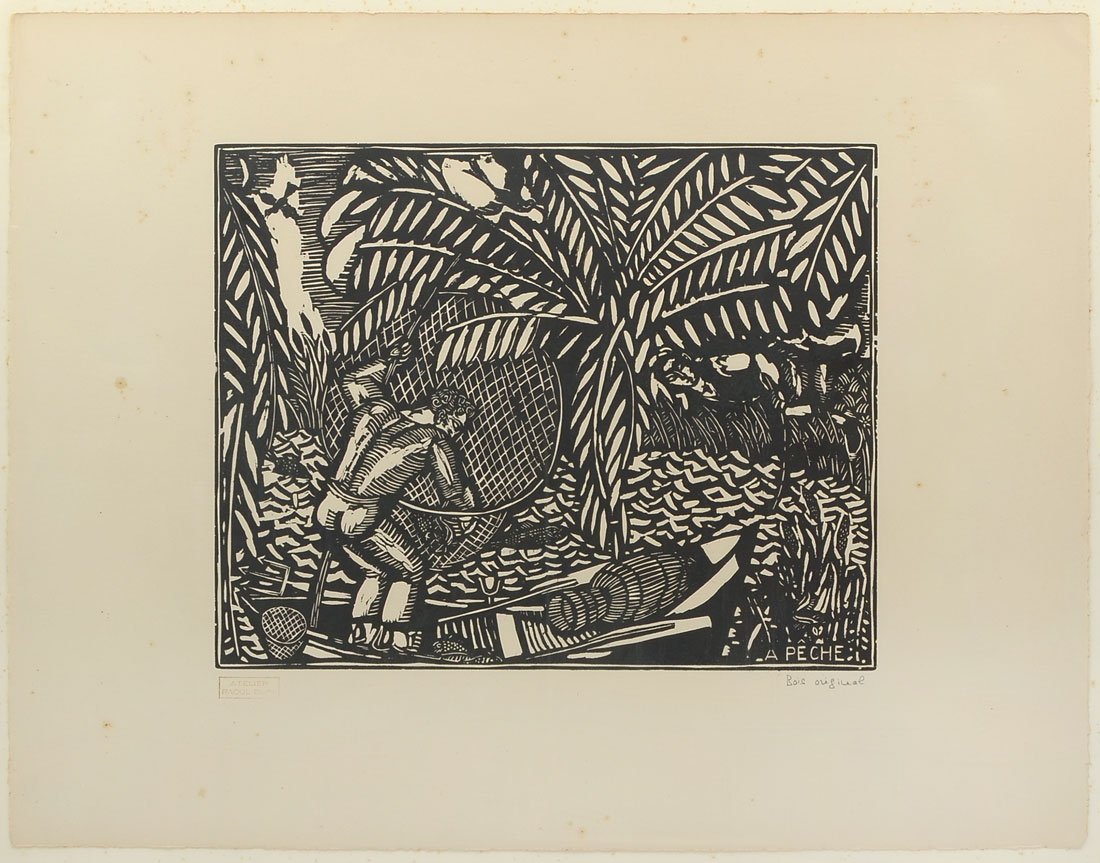 RAOUL DUFY WOODCUT "A PECHE": DUFY, Raoul, (French, 1877-1953): "A Peche", Woodcut, 19.50" x 25.50", marked lower right Bois Original, Atelier Raoul Dufy stamp lower left, framed 24.25" x 30.25".