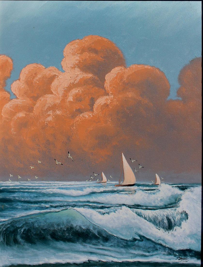 JOHNNY DANIELS PAINTING WITH SAILBOATS: DANIELS, Johnny L, (American, 1954-2009): Florida Highwaymen Coastal Surf Scene with Sailboats and Seagulls, Oil/Canvas, 24" x 18", signed lower right and framed, 28.5" x 22.25".