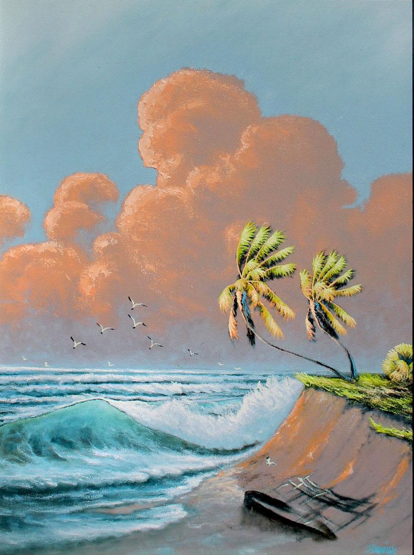 JOHNNY DANIELS FLORIDA HIGHWAYMEN PAINTING: DANIELS, Johnny L. (American 1954-2009): Florida Highwaymen Painting, Coastal Sunrise, Oil/Canvas, 24" x 18", signed lower right, framed, 28" x 22".