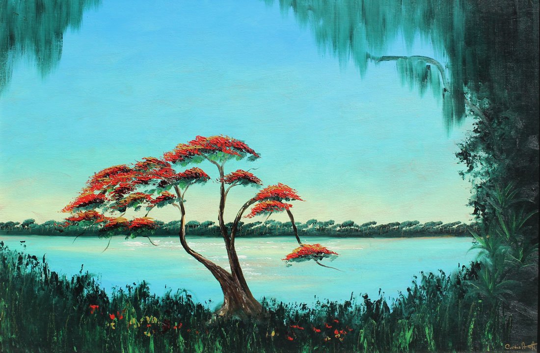 CURTIS ARNETT FLORIDA HIGHWAYMEN PAINTING: ARNETT, Curtis, (American, 20th Century): Florida Highwaymen Royal Poinciana on the Indian River, Oil/Upson, signed lower right, 24" x 36", painted frame 28 3/4" x 41".