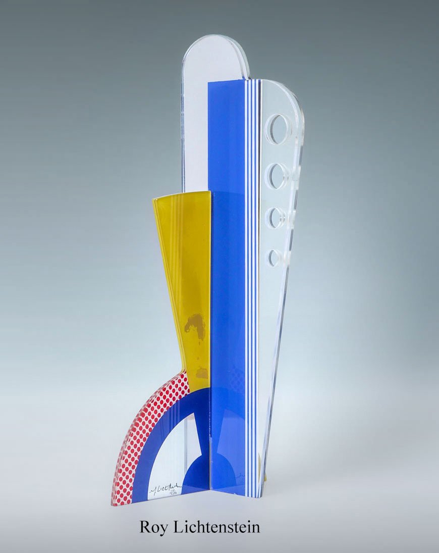 ROY LICHTENSTEIN SCULPTURE: LICHTENSTEIN, Roy, (American, 1923-1997): Sans Titre, Acrylic Sculpture, Screen Painted Enamel on Interlocking Forms with Mirror Silver, signed limited edition 110/200, by Maurel Studios. Purchased at