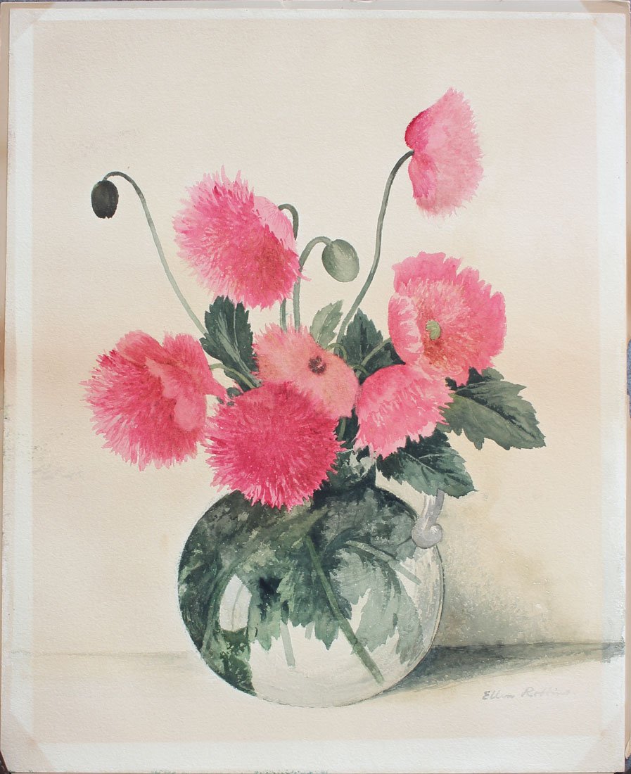 ELLEN ROBBINS PAINTING STILL LIFE OF POPPIES: ROBBINS, Ellen, (American, 1828-1905): Still Life of Poppies, Watercolor, 22'' x 18'', signed lower right, unframed.