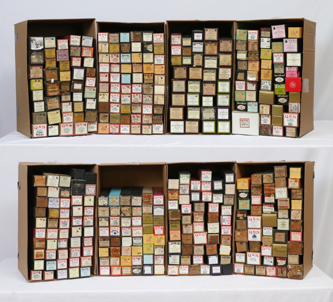 AMPICO AND QRS PLAYER PIANO ROLLS: AMPICO AND QRS PLAYER PIANO ROLLS: An eclectic 8 box collection of approximately 300 Ampico & QRS perforated music rolls for a player piano.