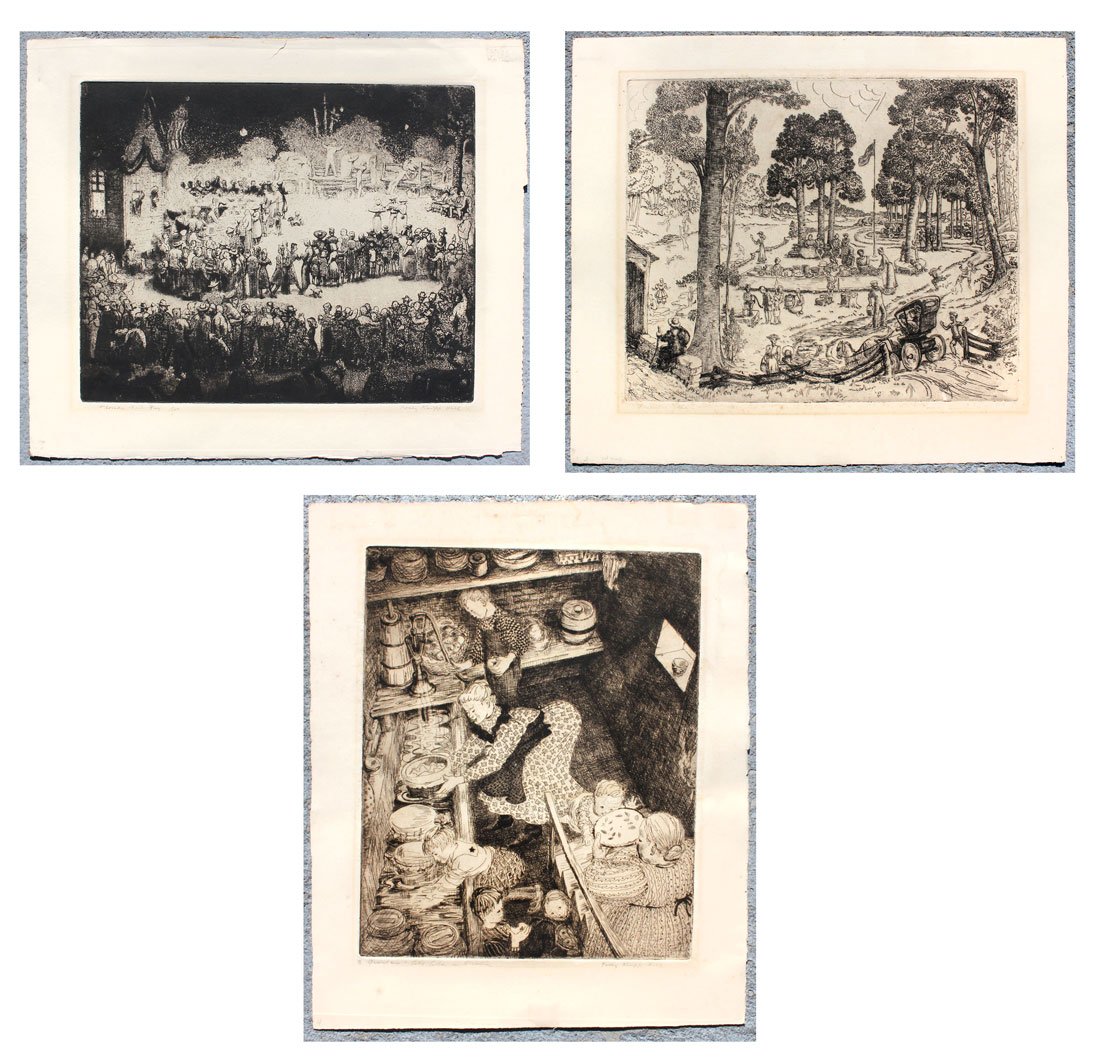 3 POLLY KNIPP HILL ETCHINGS: HILL, Polly (Pauline) Knipp, (American, 1900-1990): 3 Etchings, 1) "Grandma's Cold Cellar in Arcadia", 11.50" x 13.50", pencil signed lower right and titled lower left. 2) "Florida Fish Fry", edition 