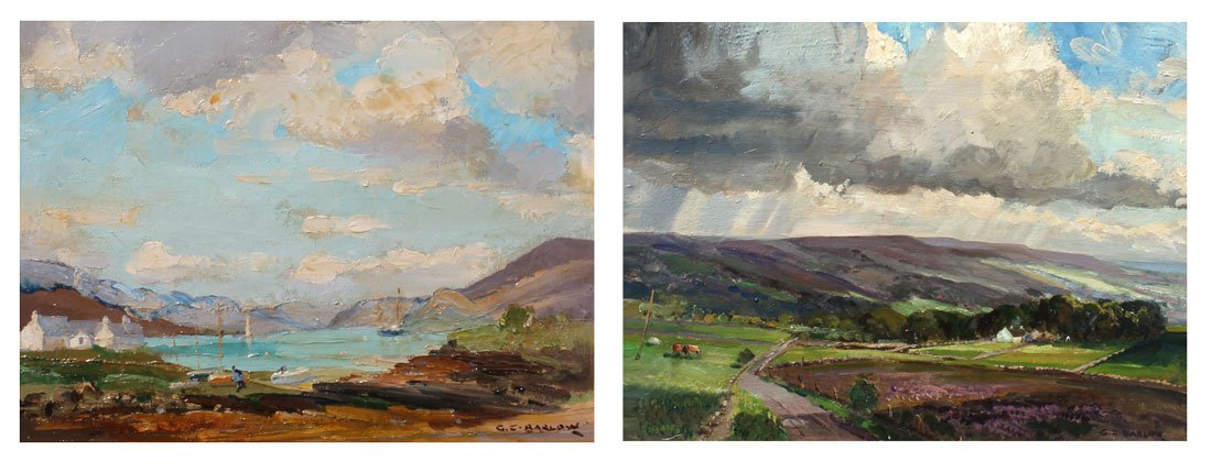 2 G.C. BARLOW LANDSCAPE PAINTINGS: BARLOW, Gordon Clifford, (United Kingdom, 1916-2005): 2 pc lot to include; 1) "Above Askwith", Oil/Canvas, 12" x 16", signed lower right, titled and signed verso, framed, 17" x 21". 2) "Plockton, N.W.