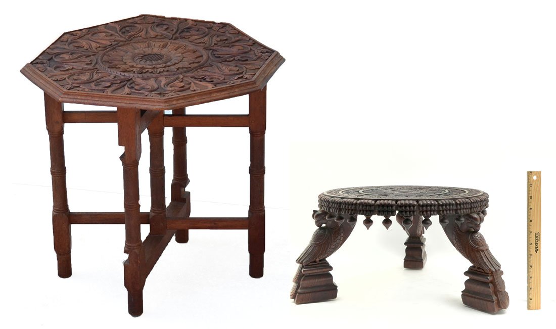 CARVED & PIERCED ANGLO-INDIAN TABLE AND ROSEWOOD STOOL: CARVED AND PIERCED ANGLO-INDIAN TABLE AND ROSEWOOD STOOL: Flower carved center medallion with scrolling foliate surrounding on top surface. Wood peg construction to the folding legs that allow the top