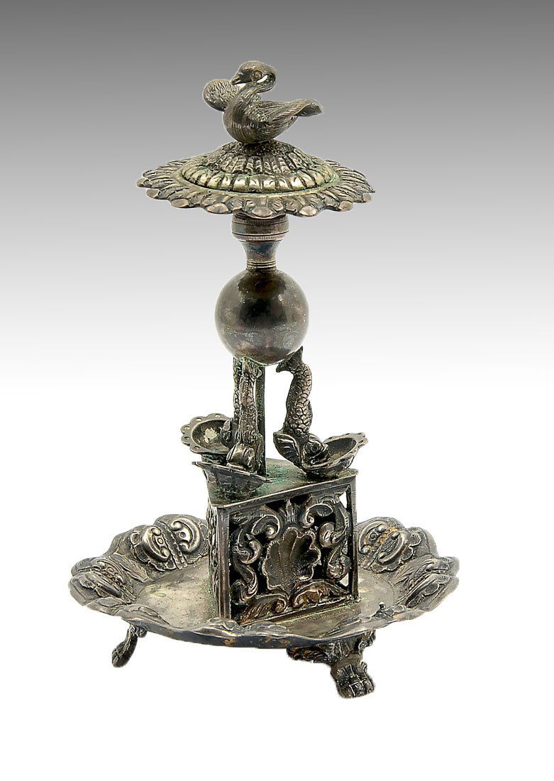 19TH CENTURY VILLACA PORTUGUESE SILVER TOOTHPICK HOLDER: 19TH CENTURY VILLACA PORTUGUESE SILVER FIGURAL TOOTHPICK HOLDER: Portuguese silver toothpick holder Stamped Villaca and an impressed P under a crown on underside. Swan sits atop a flower over a ball w