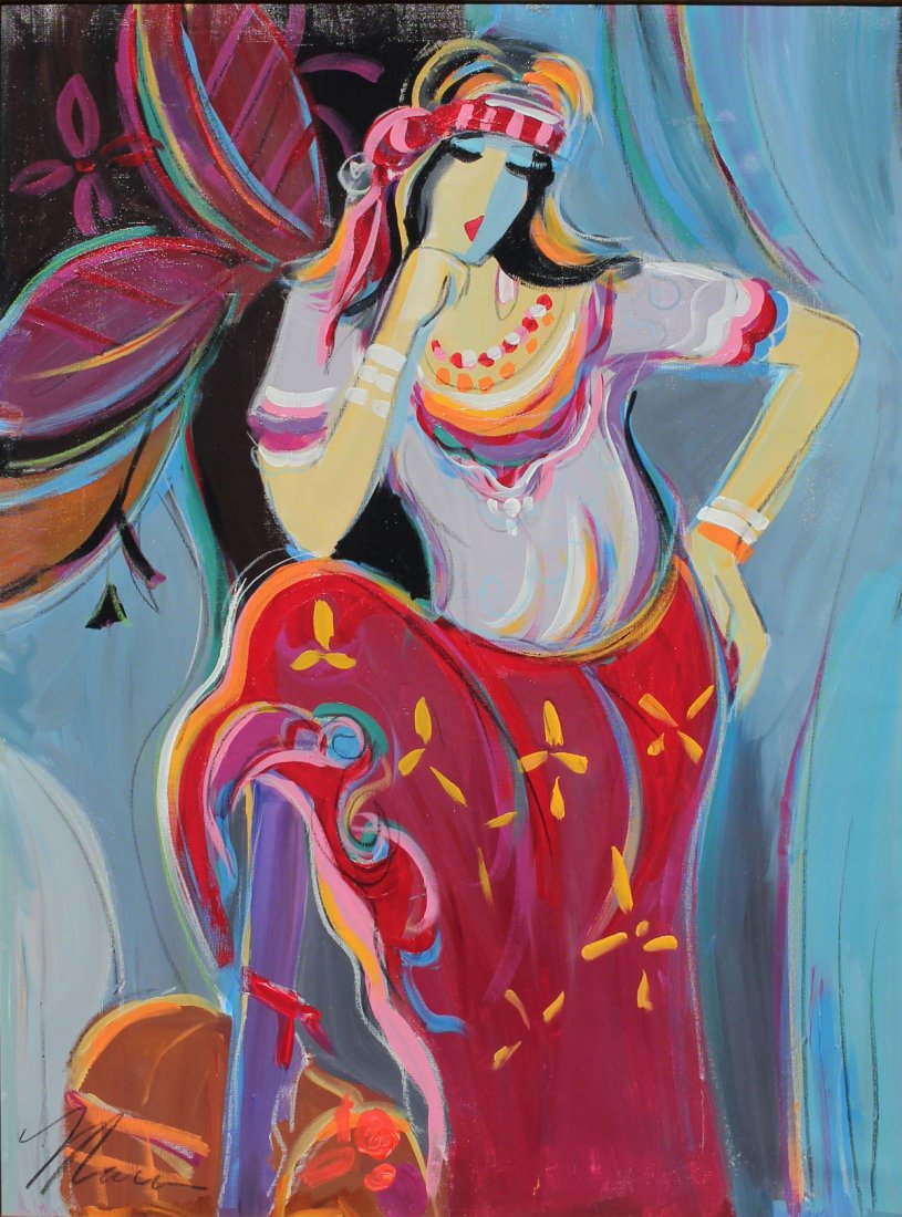 LARGE MAIMON PAINTING ODALISQUE IN INTERIOR: MAIMON, Isaac, (Israeli, 1951-): Odalisque in Interior, Acrylic/Canvas, 48" x 36", signed lower left, framed 56" x 44".
