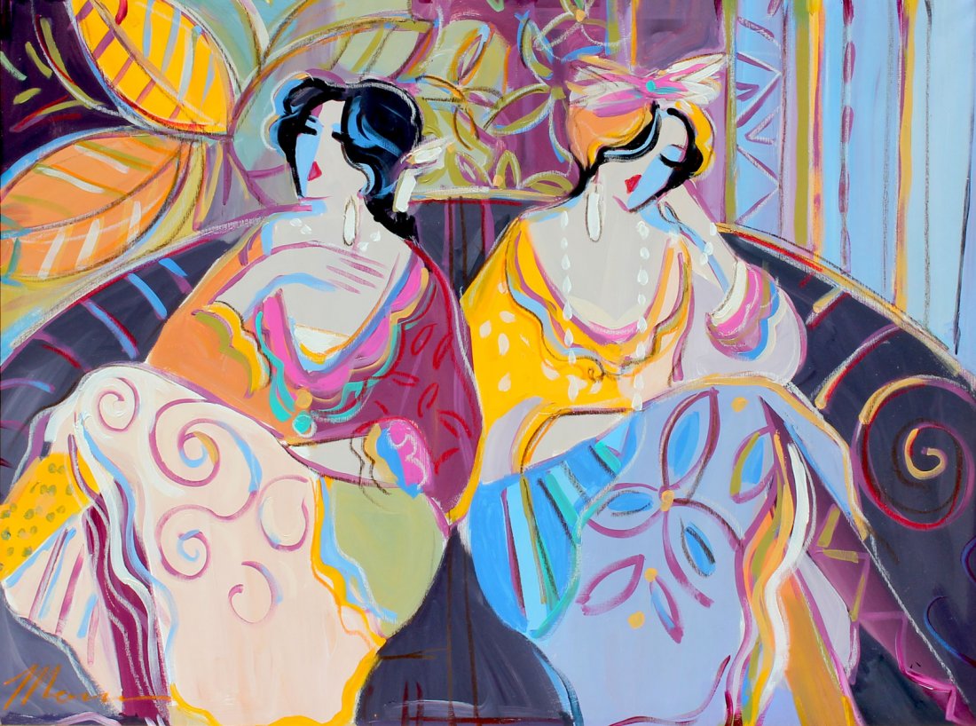 LARGE MAIMON PAINTING TWO YOUNG FEMALES: MAIMON, Isaac, (Israeli, 1951-): Two Young Females Sitting in an Interior, Acrylic/Canvas, 36" x 48", signed lower left, framed 43" x 54".