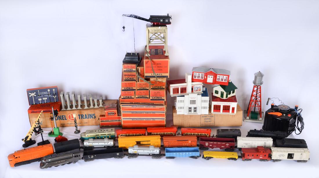 3 LIONEL O GAUGE ENGINES, CARS, AND ACCESSORIES: 3 LIONEL O GAUGE ENGINES, CARS, AND ACCESSORIES: Comprising 3- "O" gauge Lionel locomotives, more than 8 cars, control unit, plenty of track, Plasticville buildings, water tower, trestle bridge, cross