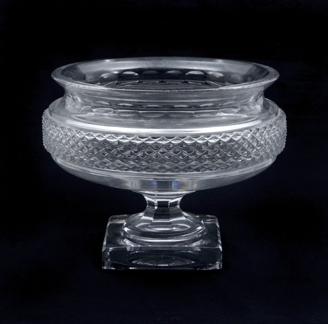 VAL ST. LAMBERT CRYSTAL CENTERPIECE BOWL: VAL ST. LAMBERT CRYSTAL CENTERPIECE BOWL: Belgian Val St. Lambert heavy crystal centerpiece bowl with raised diamond shaped design encompassing. Hand etched signature underside. Approx. 9'' h x 11.25'