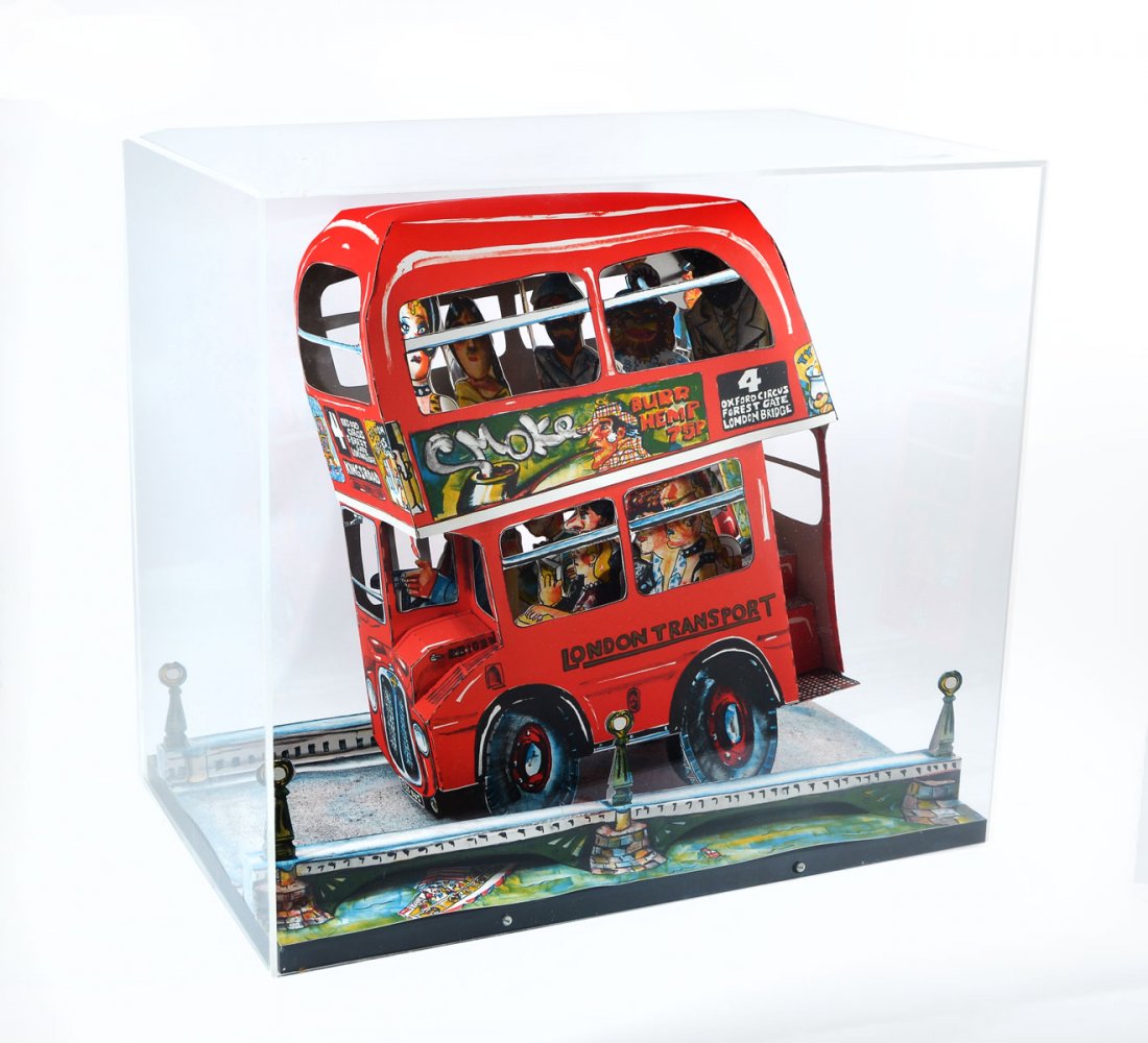 RED GROOMS 1983 "LONDON BUS" LITHOGRAPH: RED GROOMS 1983 "LONDON BUS" LITHOGRAPH: Original 12 Color Lithograph 17/63. Hand cut, folded and assembled in plexicase 14" x 22" x 20". Plexiglass stand 14" x 22" x 38". Sold with 1984 invoice from 