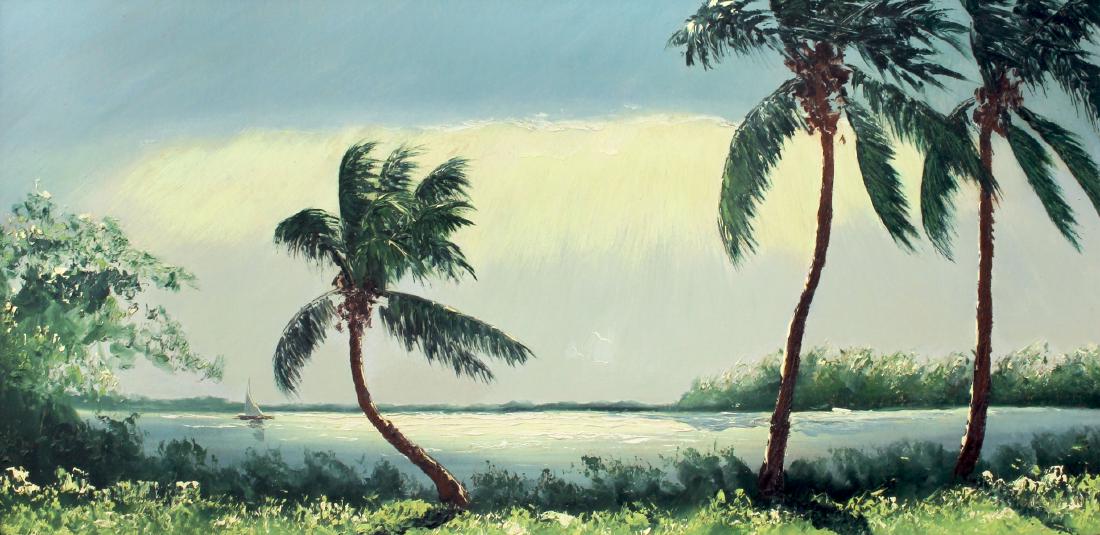 SAMUEL NEWTON "RIVER SAIL" PAINTING: NEWTON, Sam (American, 1948-): "River Sail", Oil/Upson, signed lower right, framed, 26.5" x 50.5".