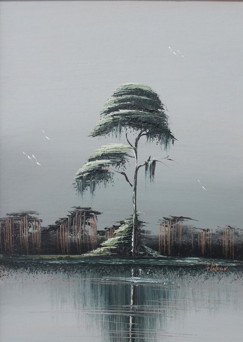 JAMES GIBSON FLORIDA HIGHWAYMEN PAINTING: GIBSON, James, (American, 20th C.): "Florida Pine", Oil/Upson, 18" x 24", signed in the right margin, framed 26" x 20".