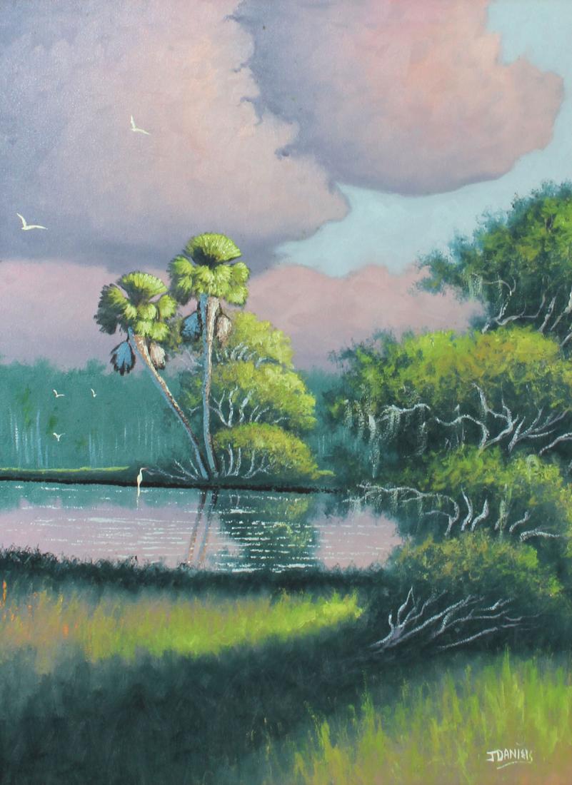JOHNNY DANIELS FLORIDA HIGHWAYMEN PAINTING: DANIELS, Johnny L, (American, 1954-2009): "Morning Backwaters", Oil/Canvas, 18" x 24", signed lower right, framed 28" x 22".