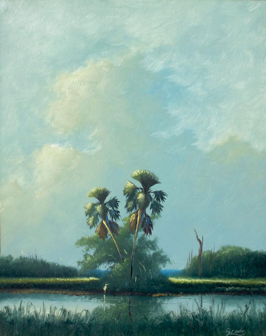 JOHNNY DANIELS FLORIDA HIGHWAYMEN PAINTING: DANIELS, Johnny L, (American, 1954-2009): "Backwater Palm", Oil/Upson, 24" x 30", signed lower right, framed 33.50" x 27".